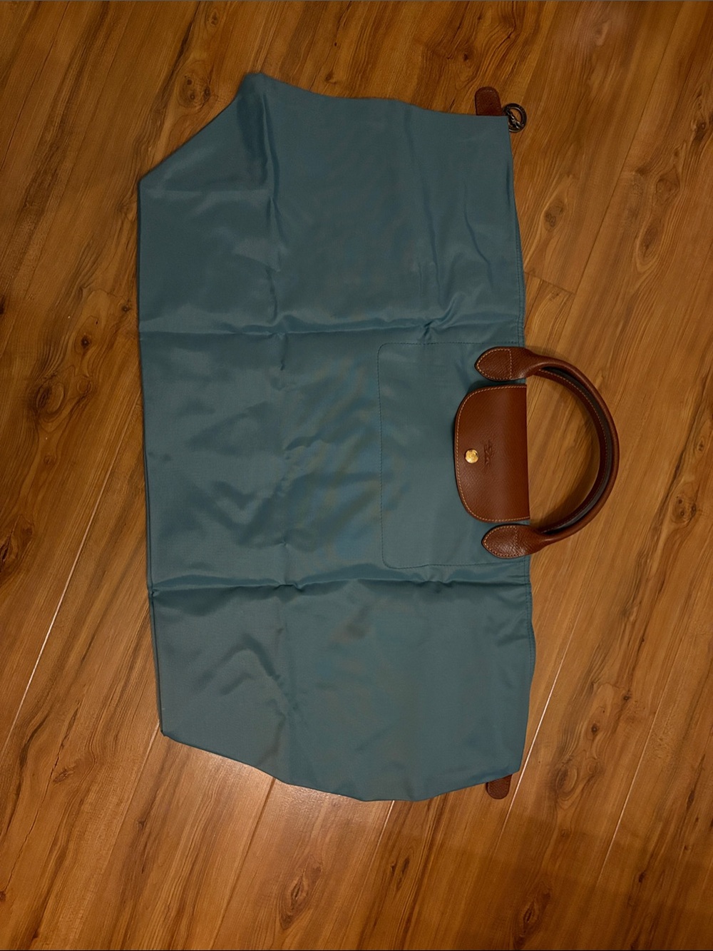 Longchamp Teal Blue Large Nylon Handbag with Brown Leather Handle